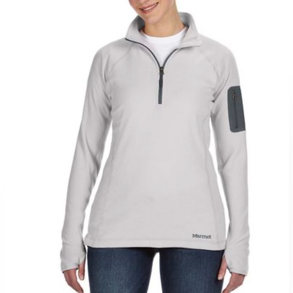 Marmot Light Gray with Green Quarter-Zip Pullover with Sleeve Pocket